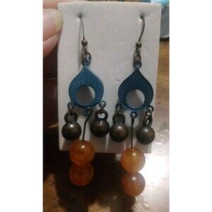 Vtg Turquoise Blue Coral And Brass Ball Dangle Earrings Boho Beachy